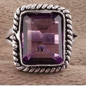 Large Square Purple Amethyst Solitaire Ring Set in Sterling Silver